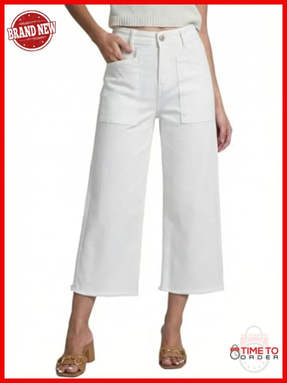 High Waisted Wide Leg Capri Jeans with Pockets